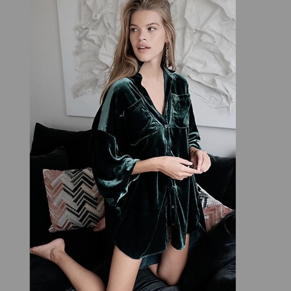 FREE PEOPLE Lux Velvet Shirt Dress in Green Grey - XS